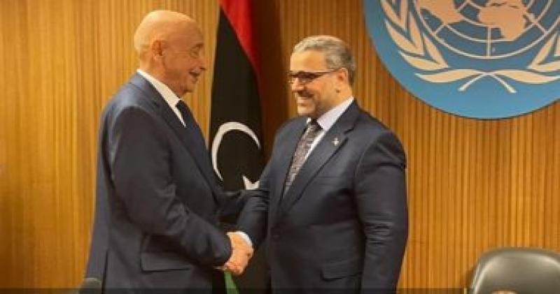 رئيس مجلس النواب الليبي عقيلة صالح يصافح رئيس مجلس الدولة خالد المشري