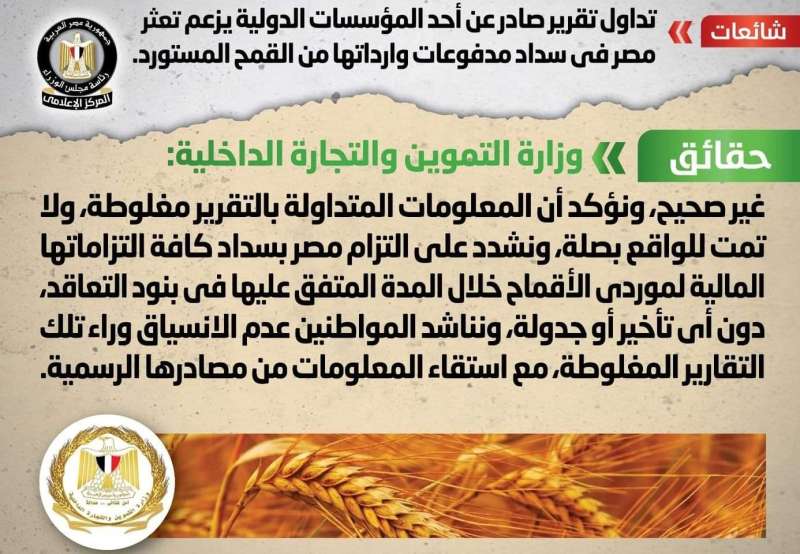«الحكومة» ترد على تقرير مؤسسة دولية يزعم التعثر في سداد مدفوعات واردات القمح