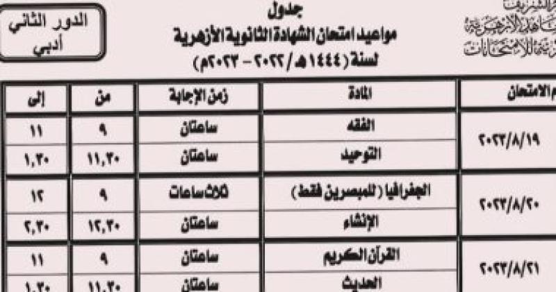 جدول امتحانات الدور الثانى للشهادة الثانوية الازهرية