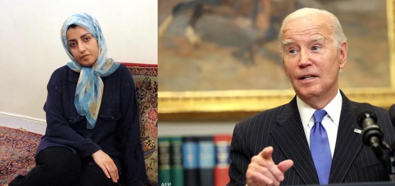 الرئيس الأميركي جو بايدن والناشطة الإيرانية المسجونة نرجس محمدي