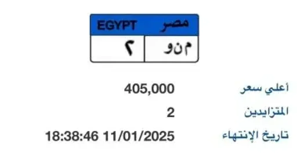 طرح لوحة سيارة مميزة تحمل رقم ”م ن و - 2” بسعر 400 ألف جنيه