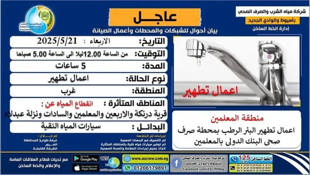 مياه أسيوط .. تعلن عن انقطاع المياه بقرية درنكة ومناطق الأربعين