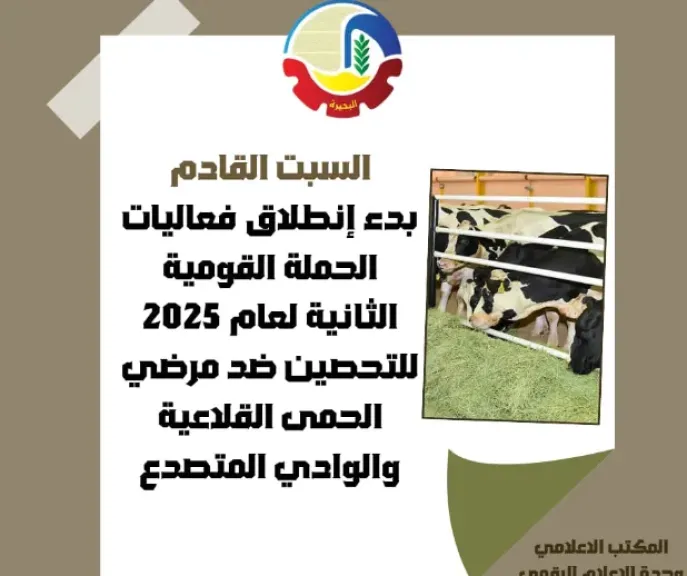 السبت القادم. بدء إنطلاق فعاليات الحملة القومية الثانية لعام 2025 للتحصين ضد مرضي الحمى القلاعية بالبحيرة