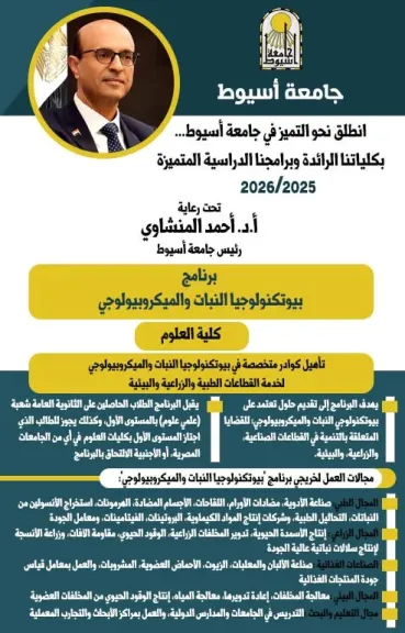 كلية العلوم بجامعة أسيوط تطرح برنامج ”بيوتكنولوجيا النبات والميكروبيولوجي