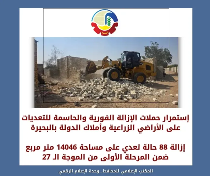 إزالة 88 حالة تعدي على مساحة 14046 متر مربع ضمن المرحلة الأولى من الموجة الـ 27 بالبحيرة