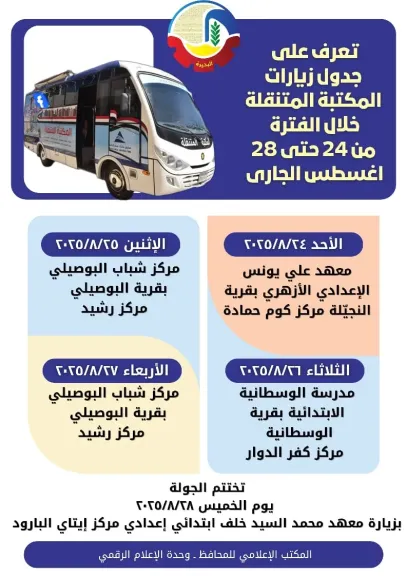 المكتبة المتنقلة تواصل رحلتها التثقيفية داخل قرى ومراكز البحيرةخلال الفترة من 24 حتى 28 اغسطس