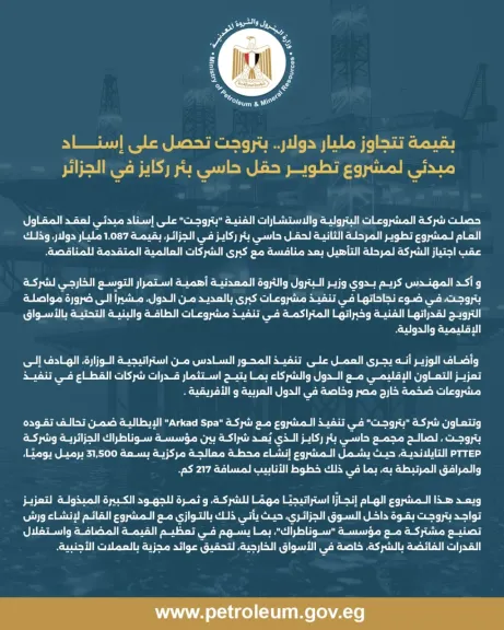 بتروجت تفوز بإسناد مبدئي لمشروع بـ1.08 مليار دولار في الجزائر