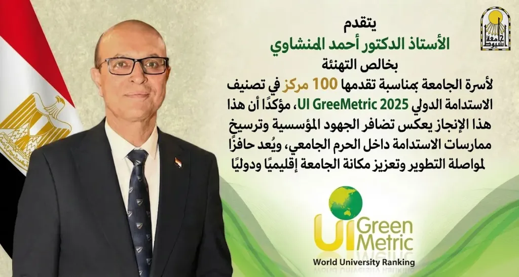 الدكتور المنشاوي يهنئ أسرة جامعة أسيوط لتقدمها 100 مركز في تصنيف الاستدامة