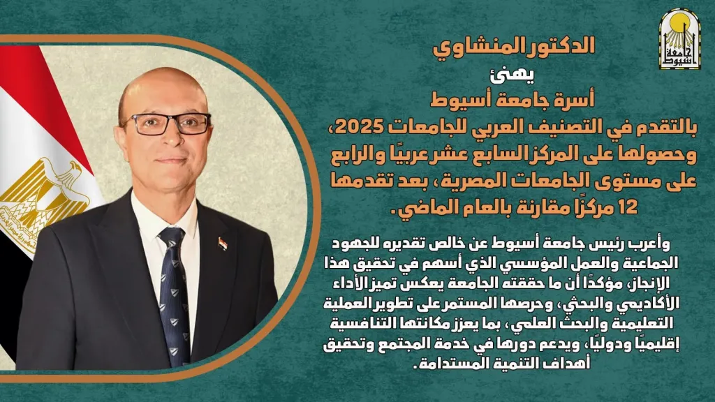 الدكتور المنشاوي يهنئ أسرة جامعة أسيوط بالتقدم في التصنيف العربي للجامعات