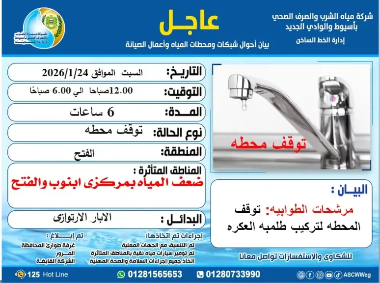 مياه أسيوط: ضعف مؤقت في ضغط المياه بمركزي أبنوب والفتح لأعمال صيانة