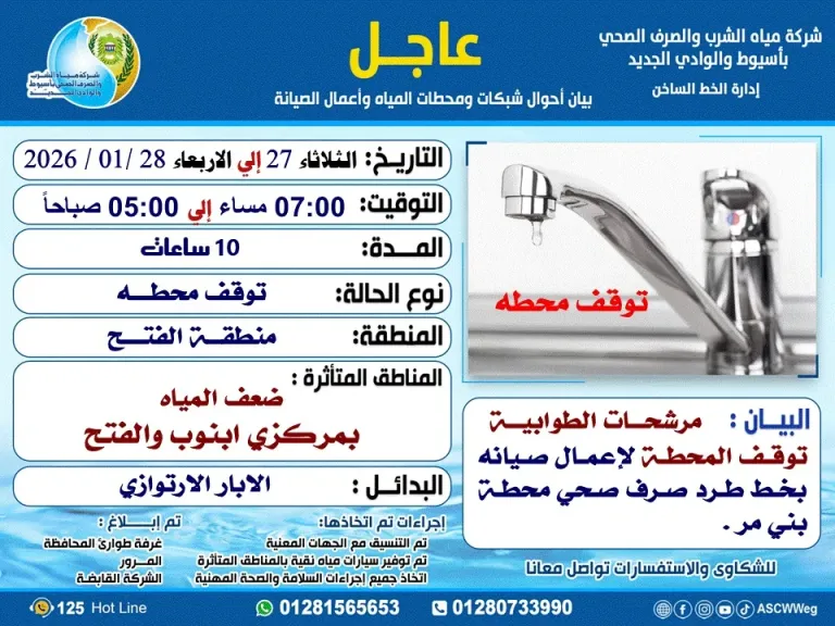 *مياه أسيوط: ضعف مؤقت في ضغط المياه بمركزي أبنوب والفتح