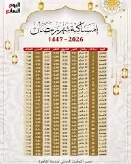 إمساكية رمضان 2026.. الخميس 19 فبراير أول أيام الشهر المبارك