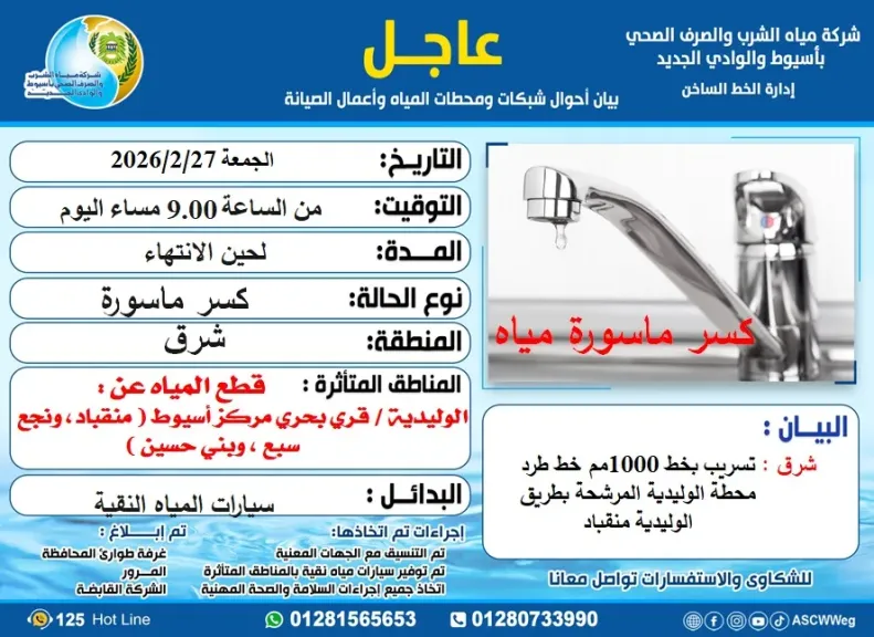 انقطاع المياه بمنطقة الوليدية وقري بحري مركز أسيوط