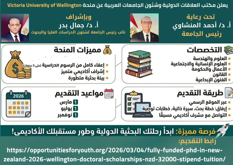جامعة أسيوط تُعلن عن منح دكتوراه ممولة بالكامل في نيوزيلندا لعام 2026