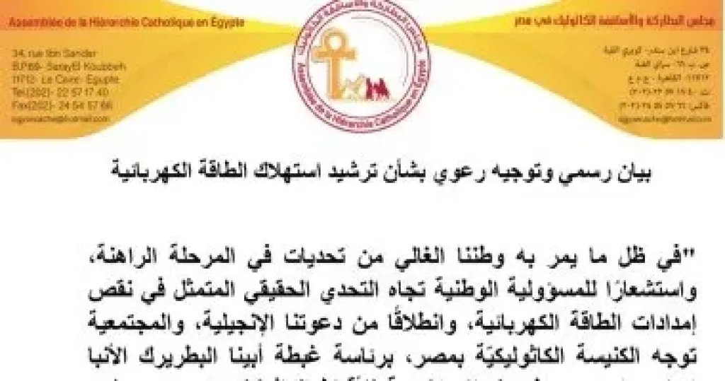 بطريرك الأقباط الكاثوليك يدعو لترشيد الكهرباء: تضامن وطني لمواجهة أزمة الطاقة