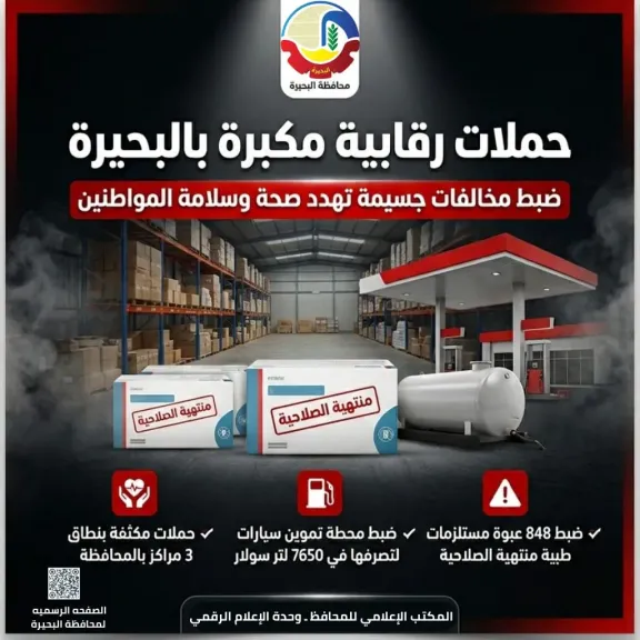 ضبط 848 عبوة مستلزمات طبية منتهية ومحطة تموين السيارات لتصرفها في 7650 لتر سولار بالبحيرة