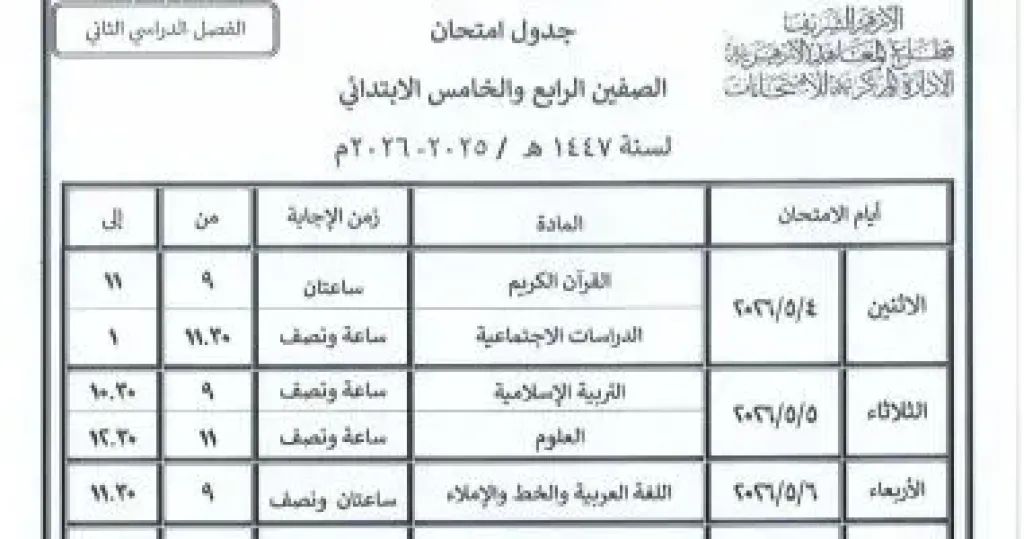 قطاع المعاهد الأزهرية يعلن جداول امتحانات النقل والشهادات