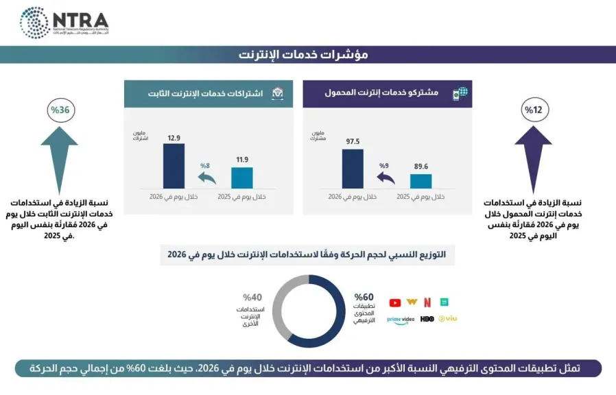 قفزة رقمية في مصر.. تنظيم الاتصالات يكشف أرقام استخدام الإنترنت خلال يوم واحد في 2026