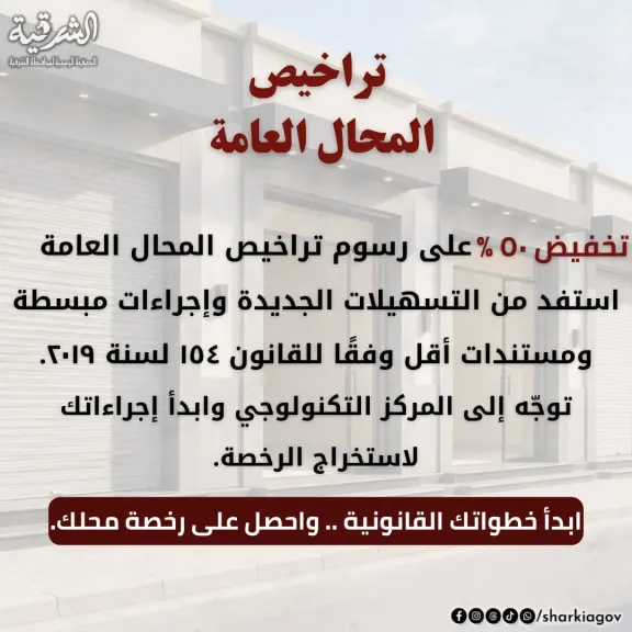 الشرقية: خصم 50% على رسوم تراخيص المحال حتى يونيو 2026