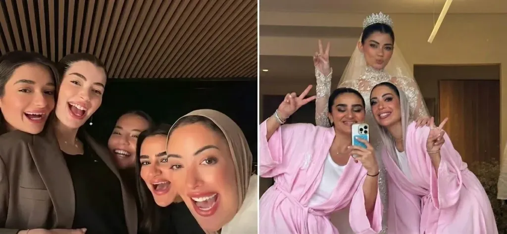ليلى أحمد زاهر وصديقاتها سند وظهر من حفل زفافها لإعلان الحمل