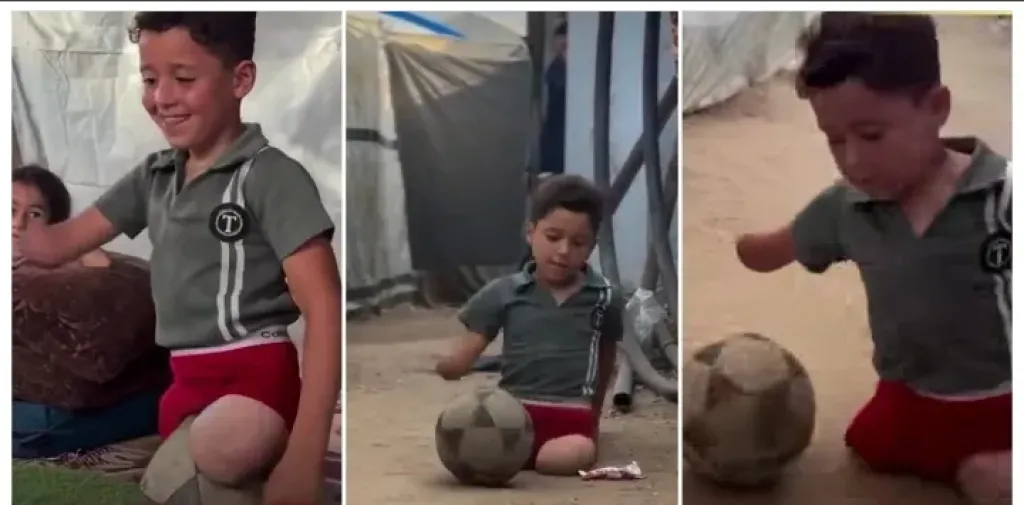 بلا ساقين وبـ يد واحدة.. طفل فلسطيني يتحدى إعاقته ويلعب كرة القدم في غزة