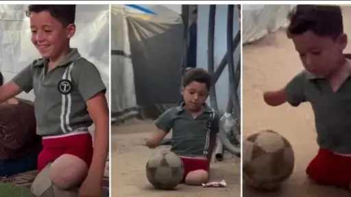 بلا ساقين وبـ يد واحدة.. طفل فلسطيني يتحدى إعاقته ويلعب كرة القدم في غزة