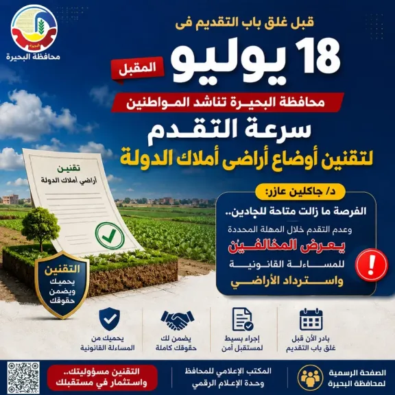 جاكلين توجه أنذار لواضعى اليد على أراضي أملاك الدولة