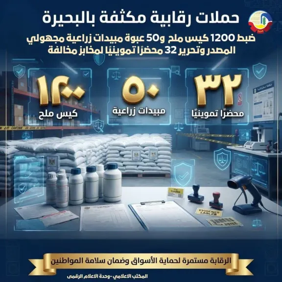 ضبط 1200 كيس ملح و50 عبوة مبيدات مجهولة المصدر وتحرير 31 محضرًا بالبحيرة
