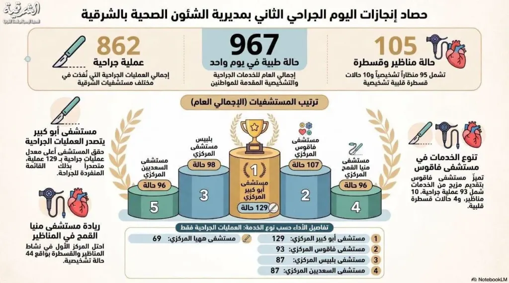 صحة الشرقية إجراء ٩٦٧ عملية ومنظاراً جراحياً خلال الـ ٢٤ ساعة باليوم الثانى للعميات الجراحية