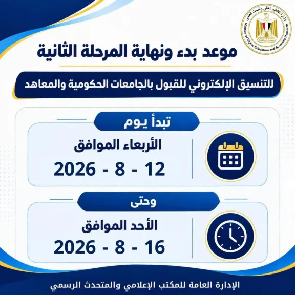 التعليم العالي: غدًا بدء تسجيل رغبات المرحلة الثانية للتنسيق الإلكتروني للقبول بالجامعات الحكومية والمعاهد لمدة 5 أيام