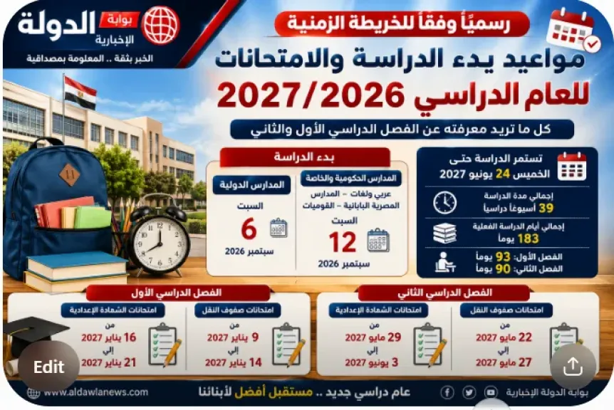 موعد بدء الفصل الدراسى الأول لطلاب المدارس للعام الدراسى الجديد 2027