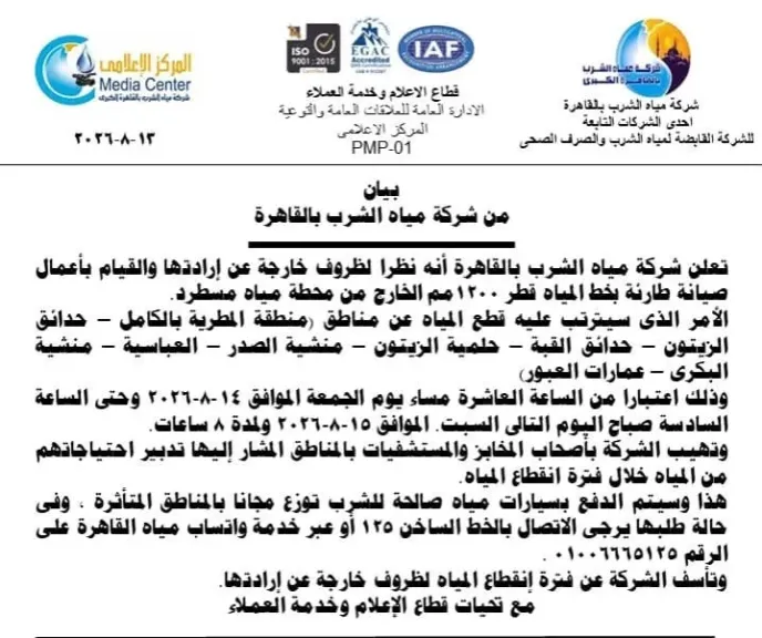 انقطاع المياه 8 ساعات بعدد من مناطق شرق القاهرة الجمعة بسبب أعمال صيانة طارئة بخط مسطرد