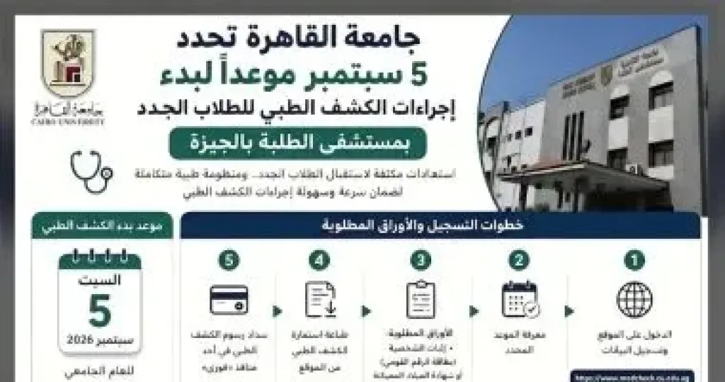 جامعة القاهرة: 5 سبتمبر بدء إجراءات الكشف الطبى للطلاب الجدد بمستشفى الطلبة