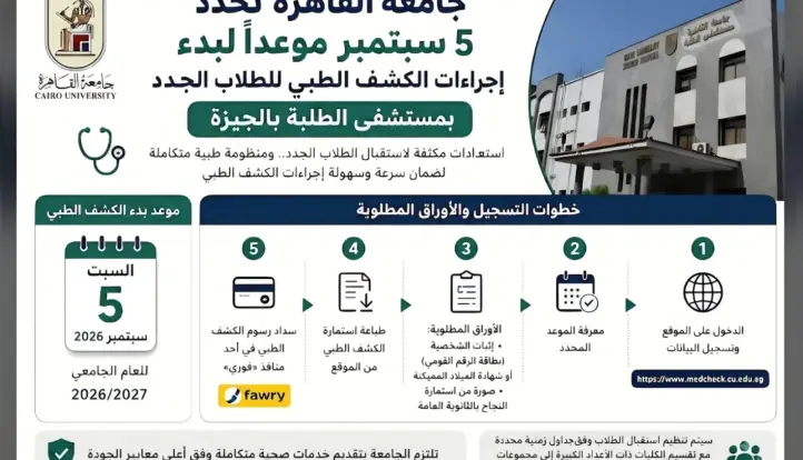 جامعة القاهرة تبدأ الكشف الطبي للطلاب الجدد 5 سبتمبر