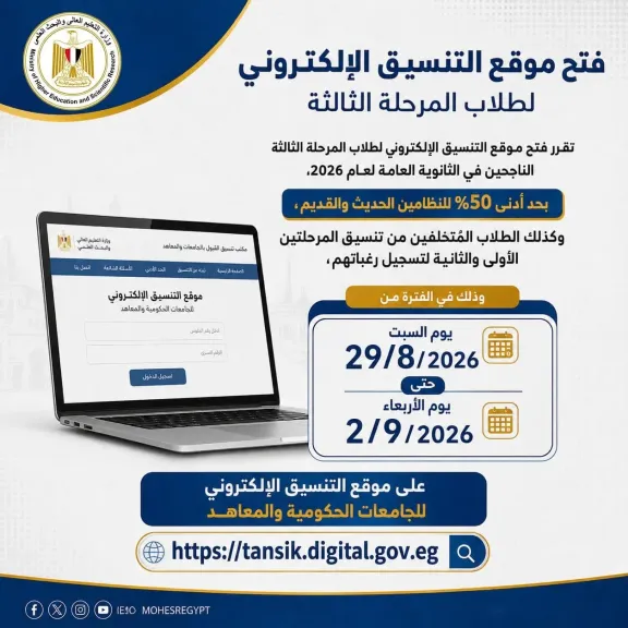 غدا ..بدء تسجيل رغبات طلاب المرحلة الثالثة بتنسيق الجامعات والمعاهد بحد أدنى 60%