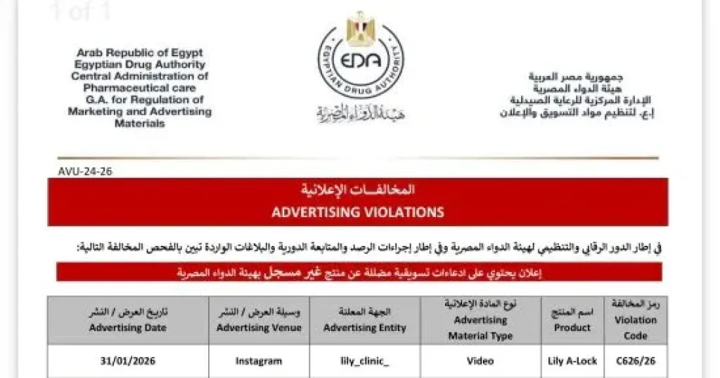 هيئة الدواء تحذر عيادات lily_clinic_ من الترويج لأدوية غير مسجلة للتخسيس