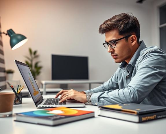 A dynamic digital workspace featuring a young professional male in modest casual clothing, intensely focused on a vibrant, modern laptop displaying the Snapchat interface. In the foreground, a colorful graph illustrating growth metrics is highlighted on the screen, symbolizing "تحسين نقاط السناب." The middle ground includes stylish desk accessories and an inspirational business book about social media marketing. The background shows a minimalistic yet modern office environment, with soft, diffused lighting to create an energizing atmosphere. The lens is angled slightly from above to capture both the individual and the vibrant workspace, fostering a sense of ambition and success. The overall mood of the image inspires motivation and achievement in social media engagement.