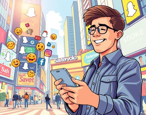 A vibrant and engaging digital illustration capturing the essence of increased Snapchat engagement. In the foreground, a young man in smart casual attire is excitedly using his smartphone, with colorful emojis and livestream graphics emerging from the screen, symbolizing interaction and connectivity. In the middle ground, a bustling virtual storefront represents "Fastervolo," featuring dynamic elements like sale banners and product highlights. The background showcases a lively cityscape, filled with digital billboards displaying social media icons and engagement metrics. The lighting is bright and cheerful, with a warm glow, evoking a sense of success and achievement. The overall atmosphere is energetic and inspiring, reflecting the story of personal growth and digital entrepreneurship.